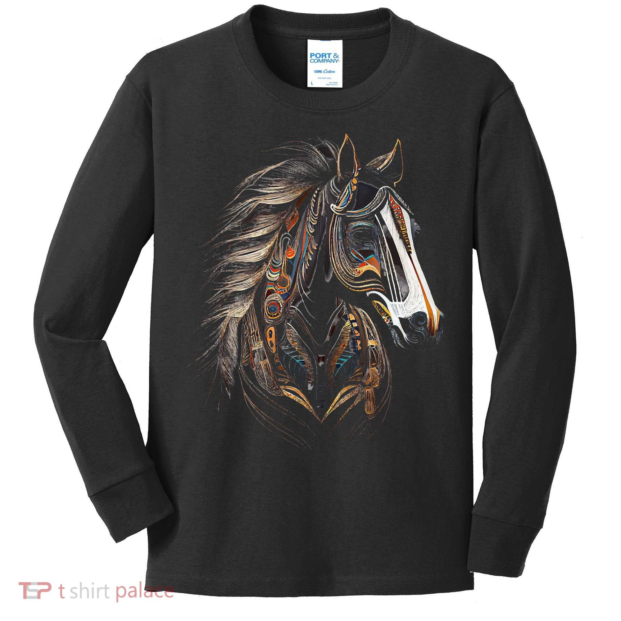 Horse Tribal Abstract Art Native American Graphic Kids Long Sleeve Shirt