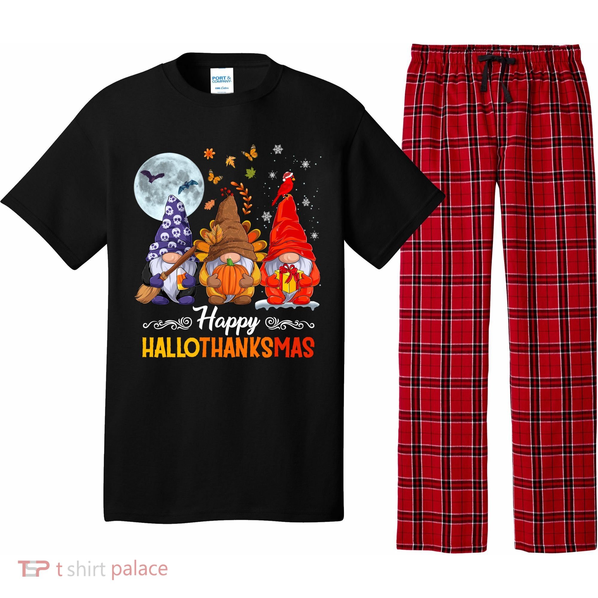 Halloween Thanksgiving Christmas Happy Hallothanksmas Gnomes Funny Gift Pajama Set