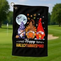 Halloween Thanksgiving Christmas Happy Hallothanksmas Gnomes Funny Gift Golf Towel thumb 1
