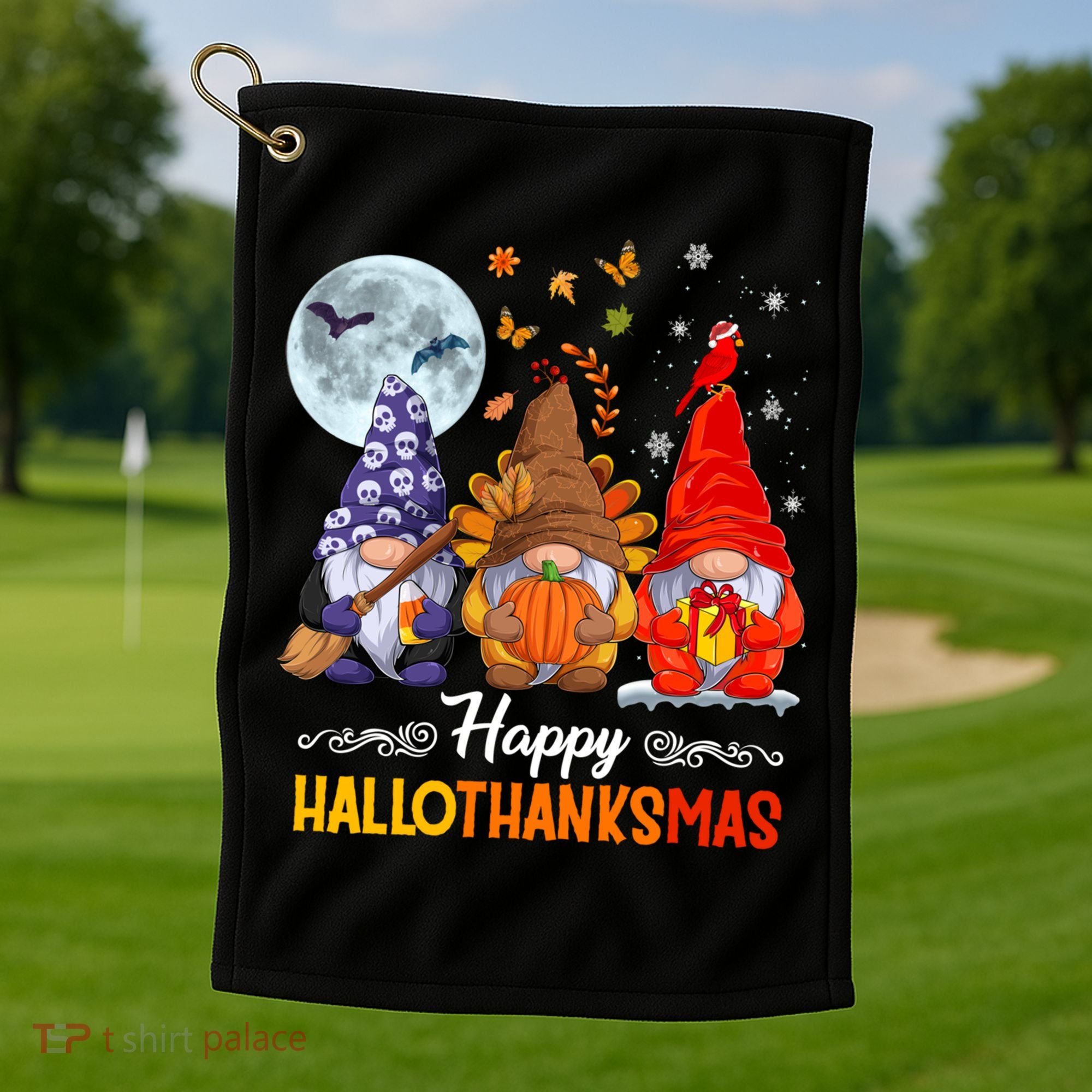 Halloween Thanksgiving Christmas Happy Hallothanksmas Gnomes Funny Gift Golf Towel