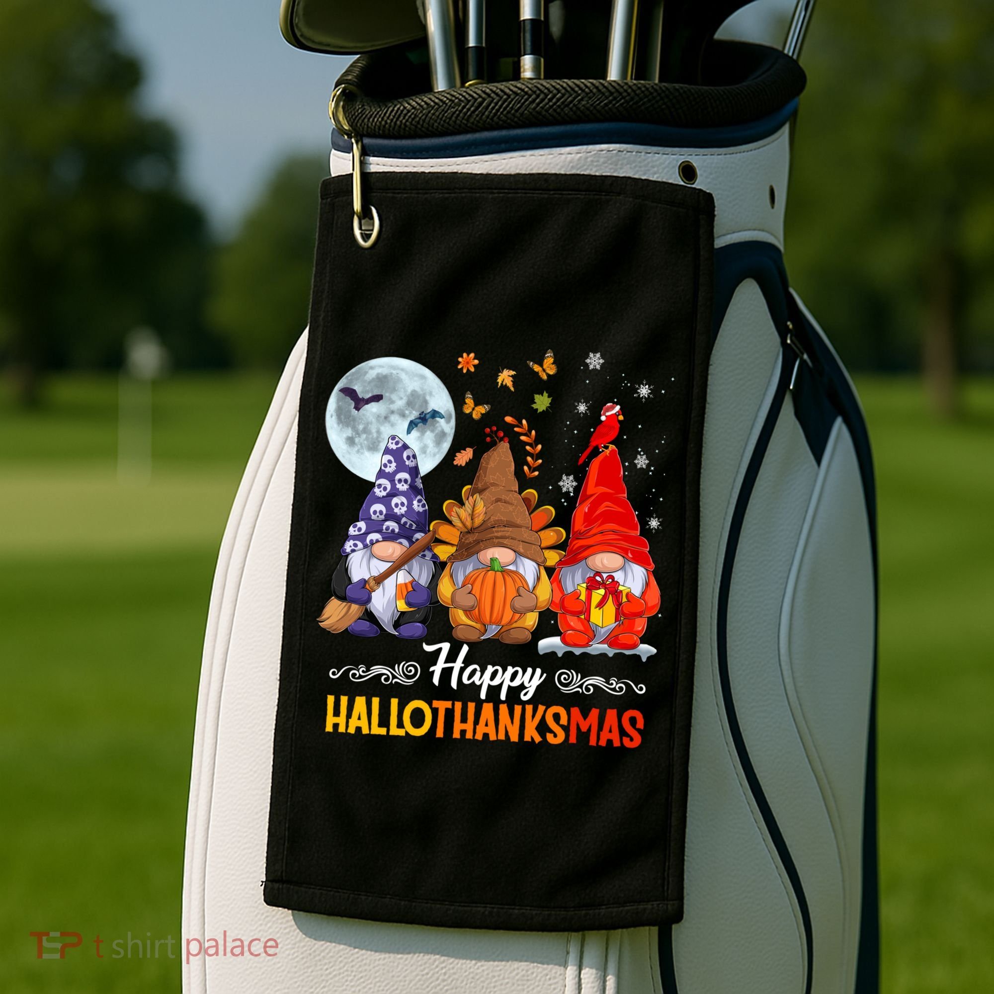 Halloween Thanksgiving Christmas Happy Hallothanksmas Gnomes Funny Gift Golf Towel