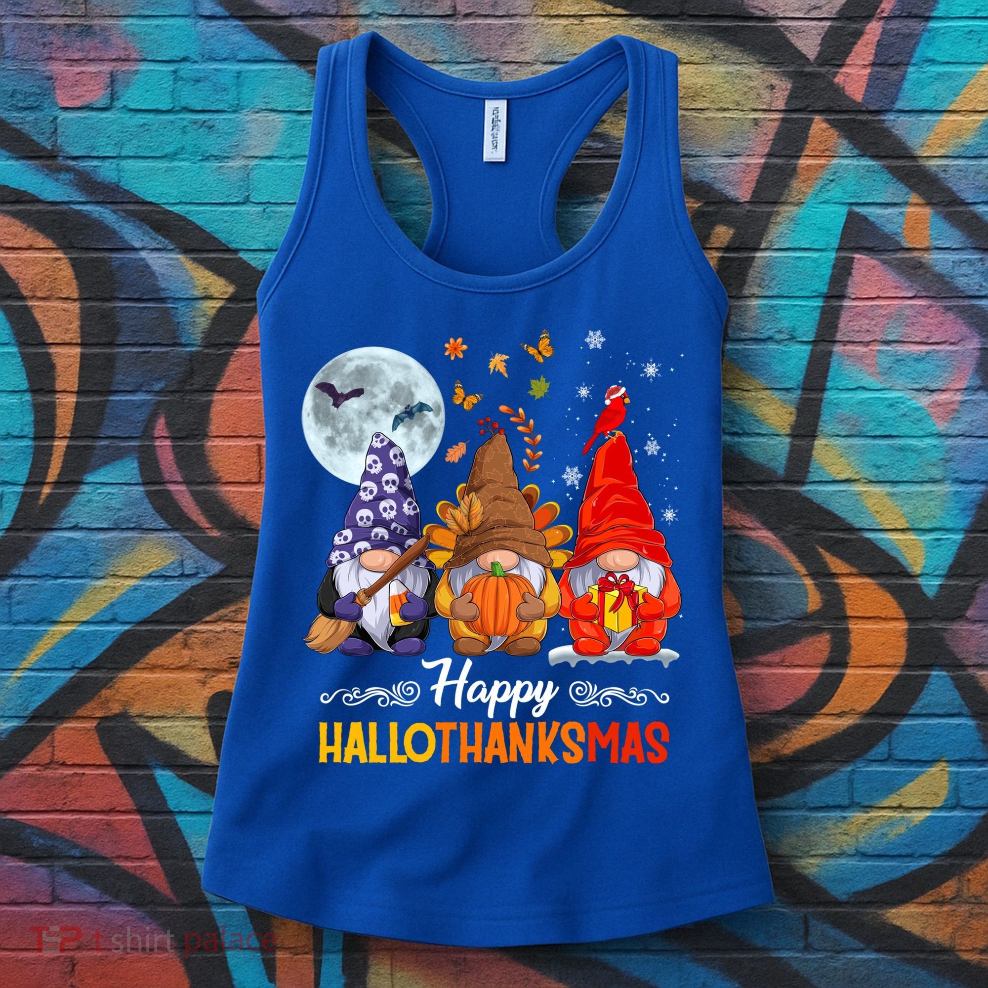 Halloween Thanksgiving Christmas Happy Hallothanksmas Gnomes Funny Gift Women's Tank Top