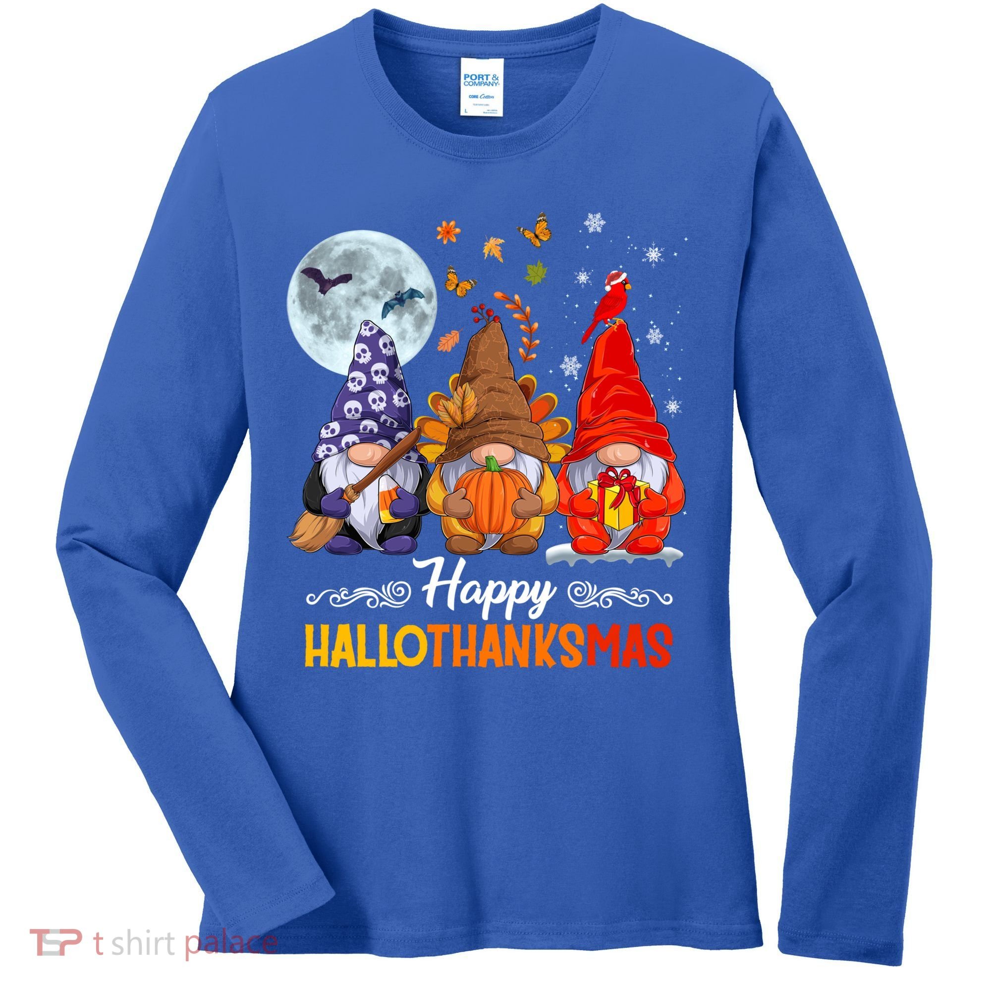Halloween Thanksgiving Christmas Happy Hallothanksmas Gnomes Funny Gift Women's Long Sleeve Shirt