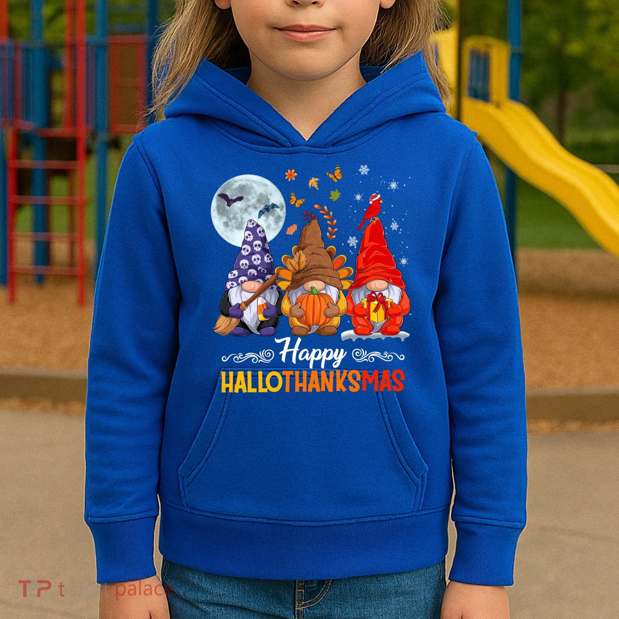 Halloween Thanksgiving Christmas Happy Hallothanksmas Gnomes Funny Gift Kids Hoodie