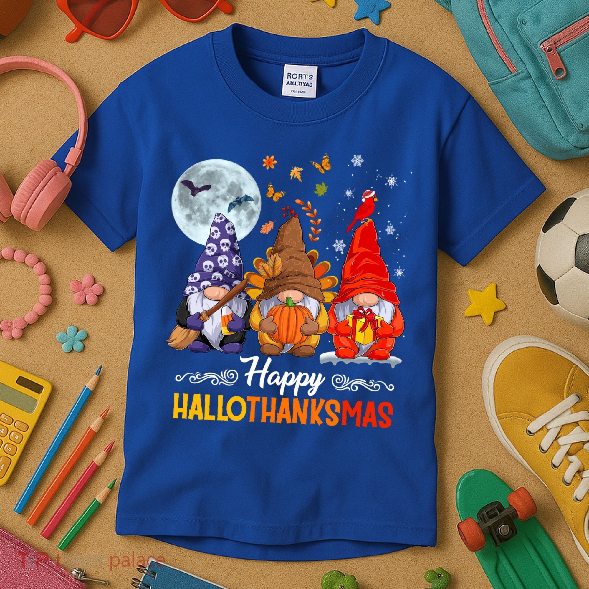 Halloween Thanksgiving Christmas Happy Hallothanksmas Gnomes Funny Gift Kids T-Shirt