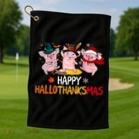 Halloween Thanksgiving Christmas Happy Hallothanksmas Pigs Golf Towel thumb 1