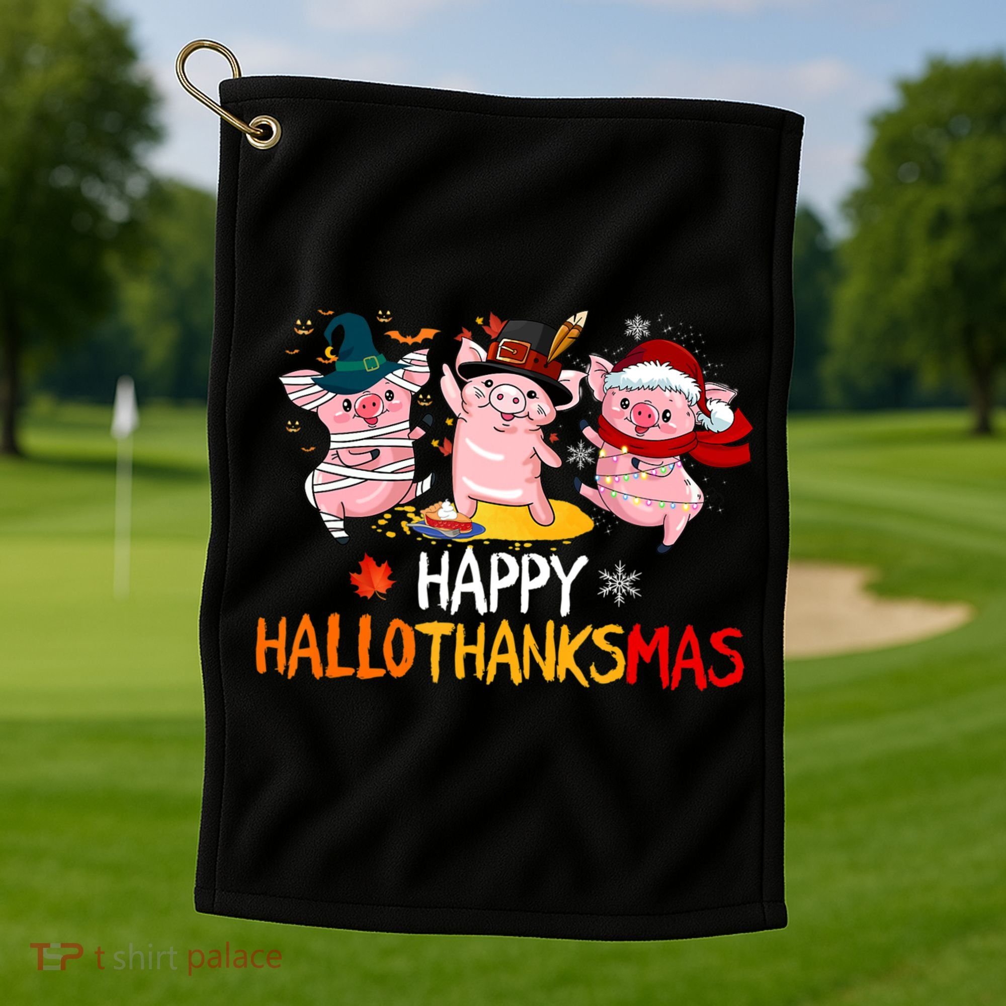 Halloween Thanksgiving Christmas Happy Hallothanksmas Pigs Golf Towel
