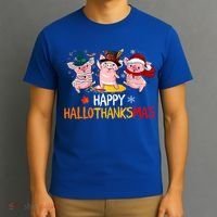 Halloween Thanksgiving Christmas Happy Hallothanksmas Pigs T-Shirt thumb 3