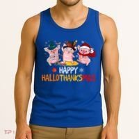 Halloween Thanksgiving Christmas Happy Hallothanksmas Pigs Tank Top thumb 3