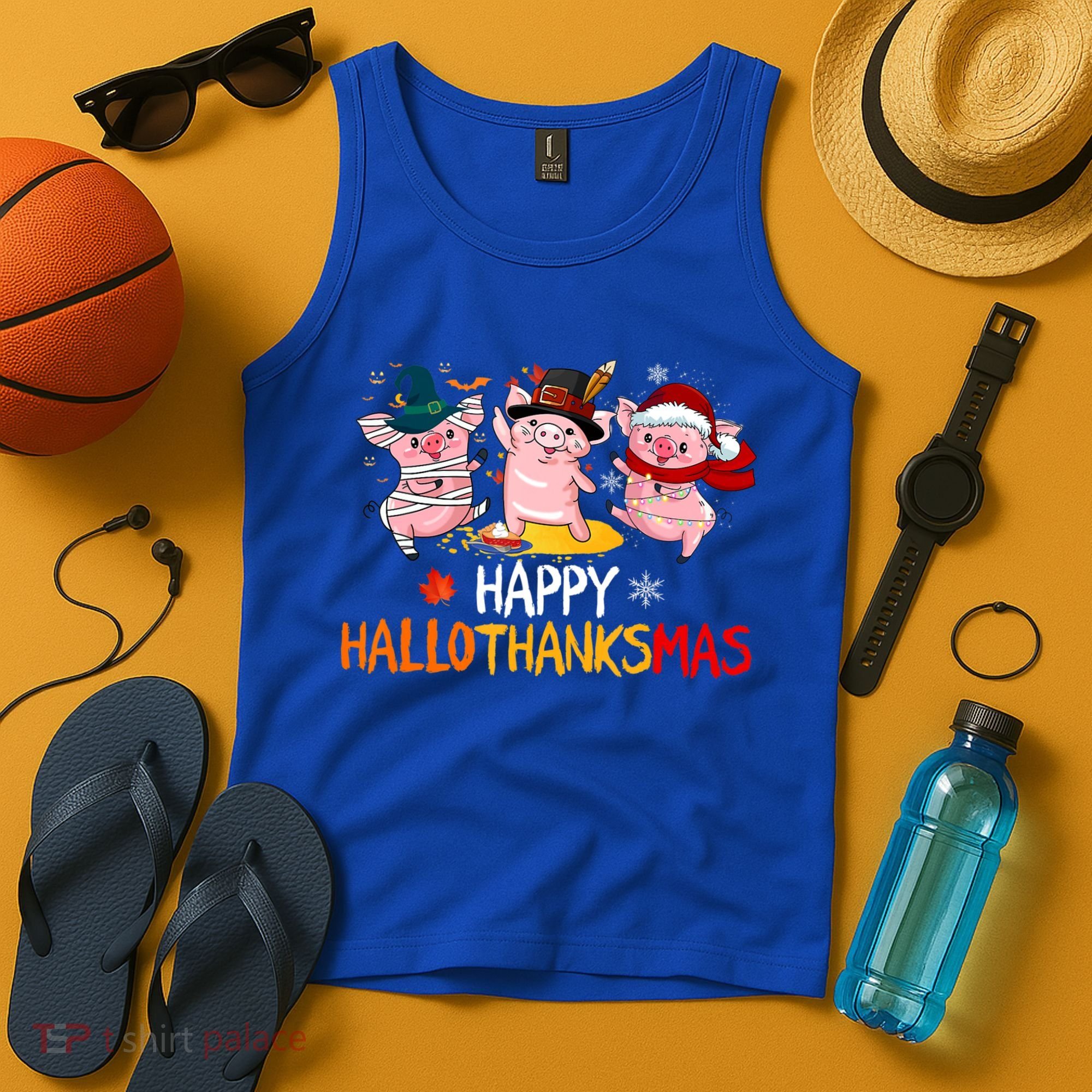 Halloween Thanksgiving Christmas Happy Hallothanksmas Pigs Tank Top