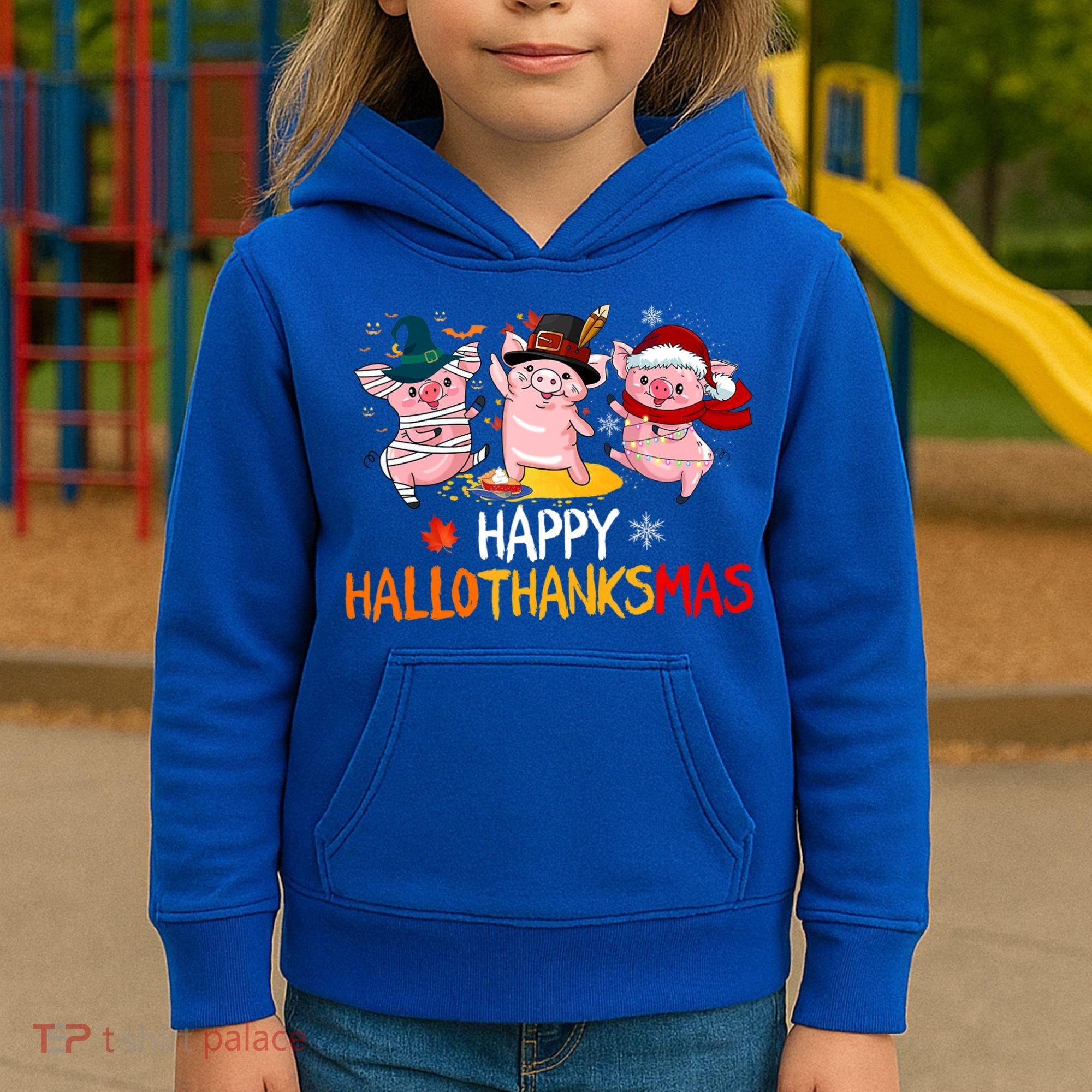 Halloween Thanksgiving Christmas Happy Hallothanksmas Pigs Kids Hoodie