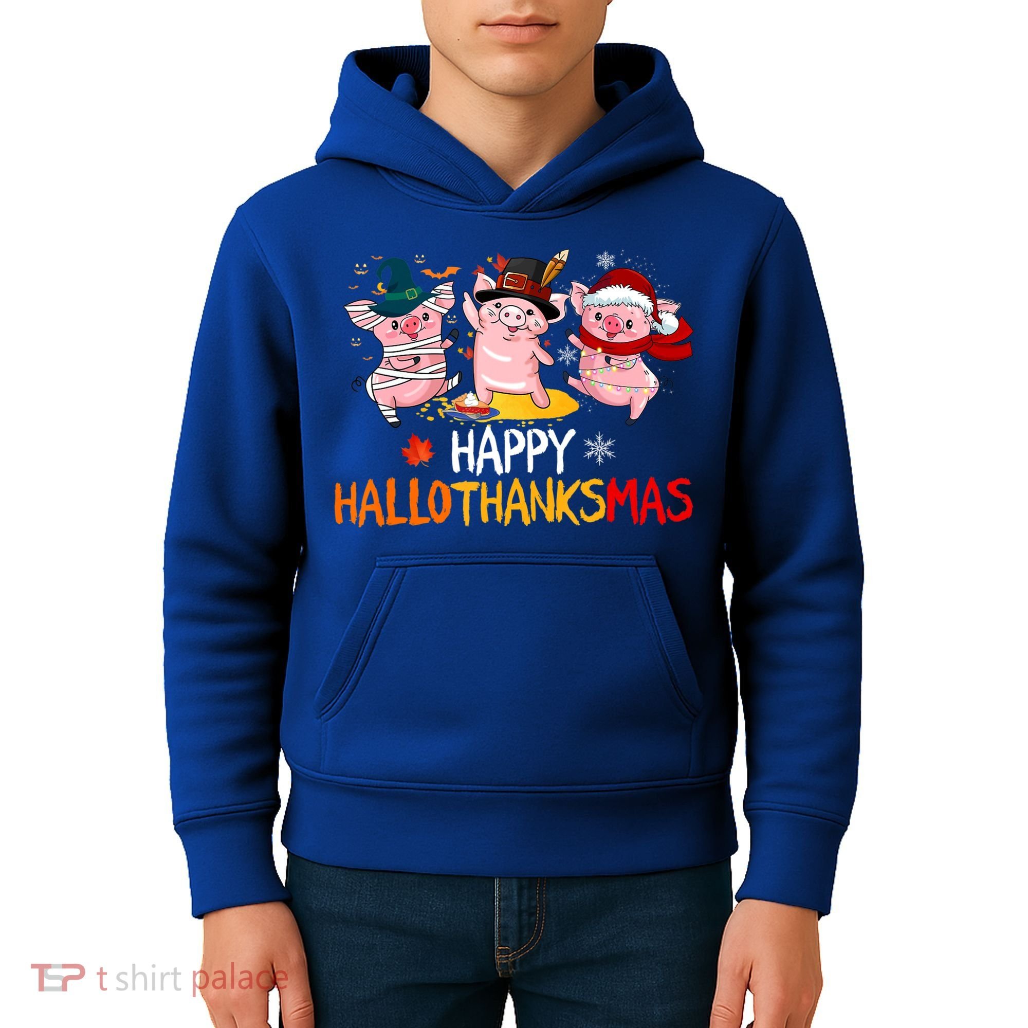 Halloween Thanksgiving Christmas Happy Hallothanksmas Pigs Kids Hoodie