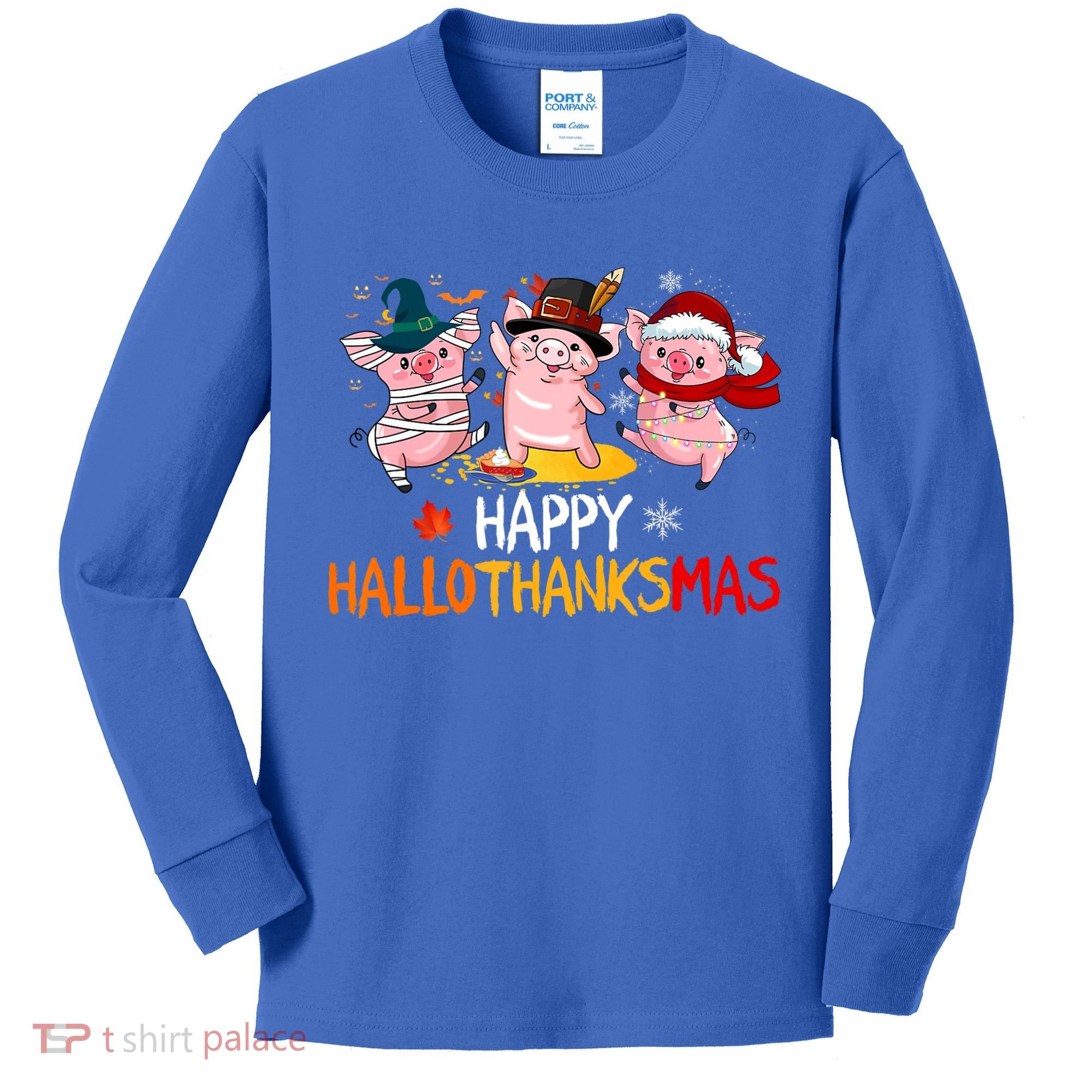 Halloween Thanksgiving Christmas Happy Hallothanksmas Pigs Kids Long Sleeve Shirt