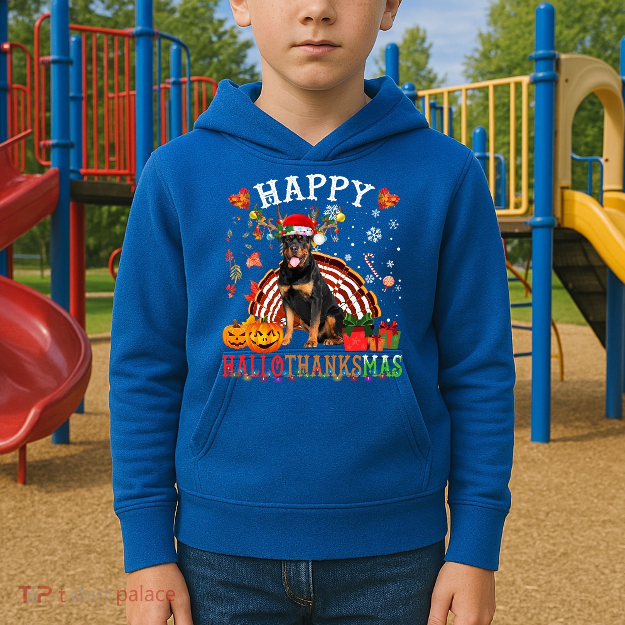 Halloween Thanksgiving Christmas Rottweiler Hallothanksmas Gift Kids Hoodie