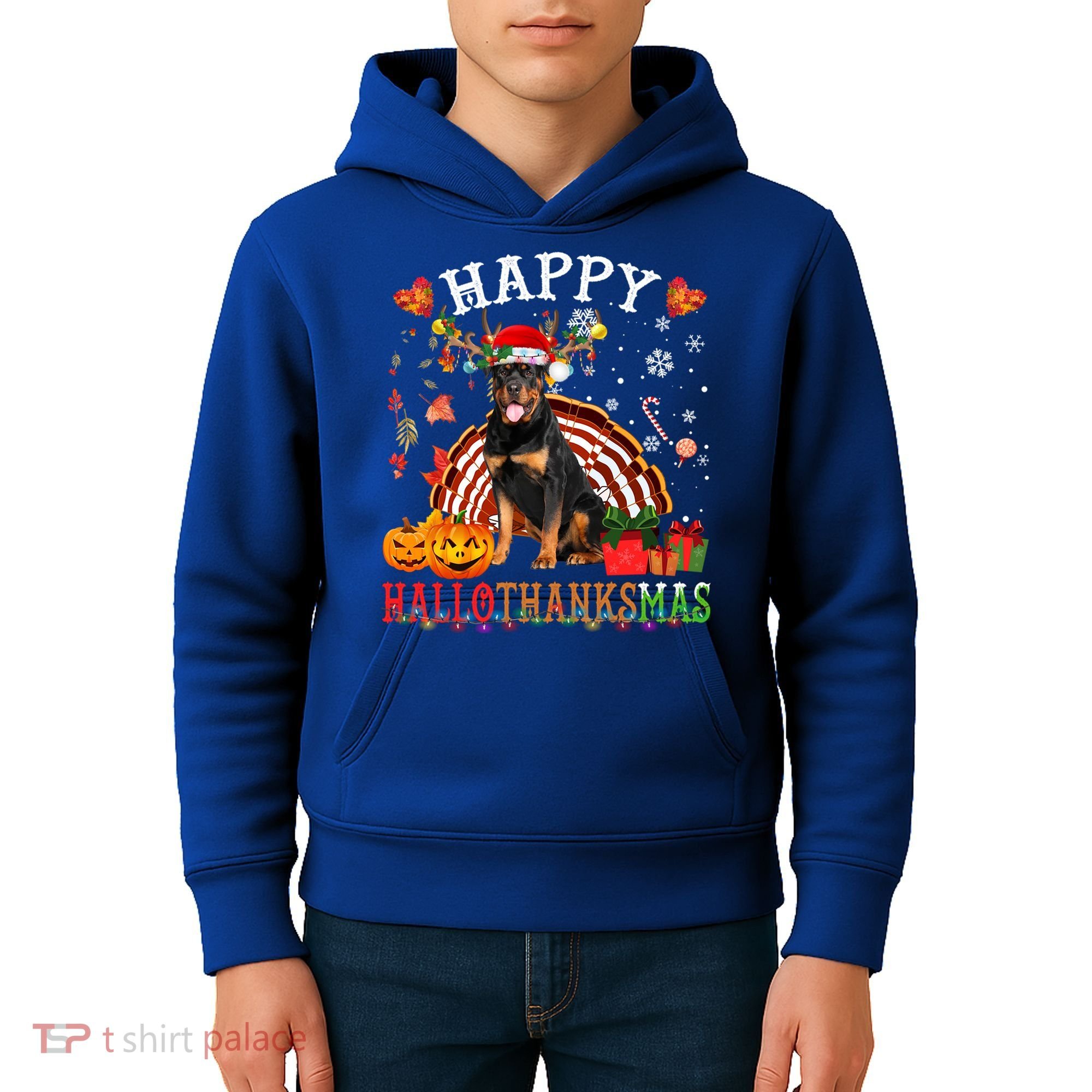 Halloween Thanksgiving Christmas Rottweiler Hallothanksmas Gift Kids Hoodie