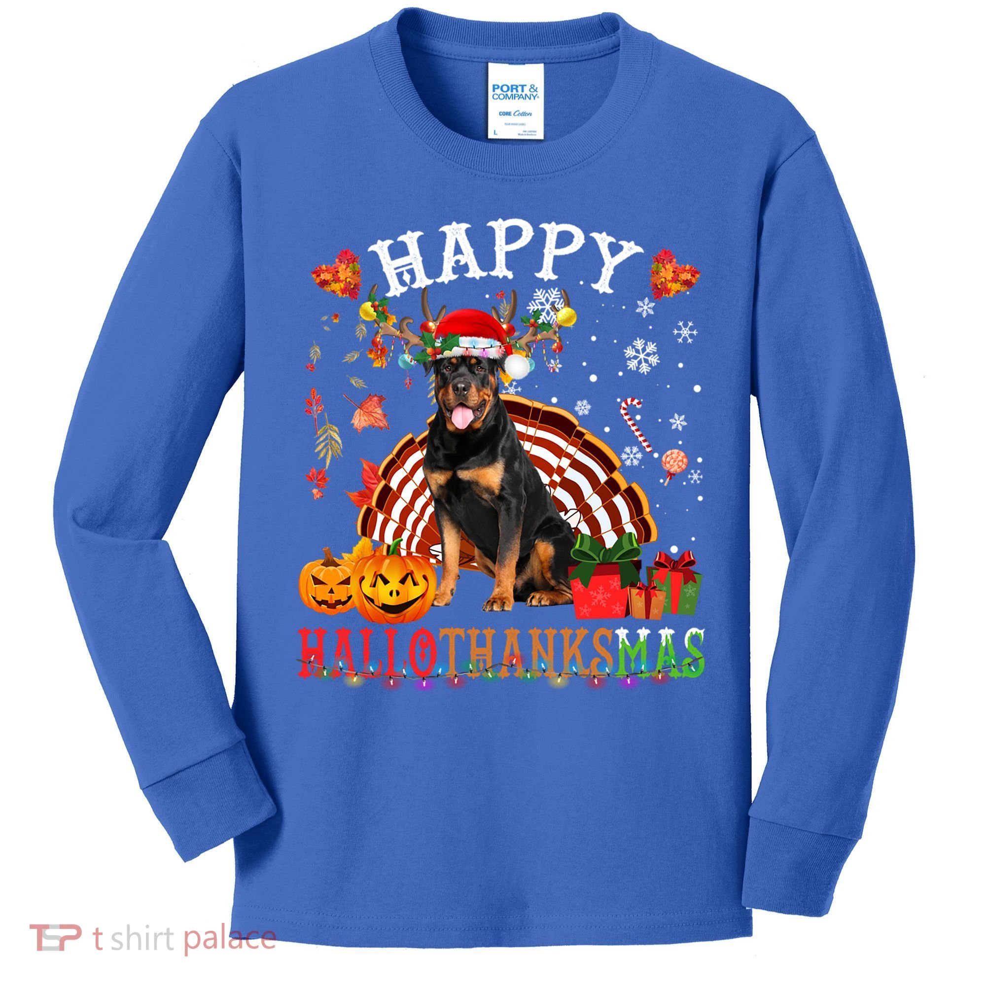 Halloween Thanksgiving Christmas Rottweiler Hallothanksmas Gift Kids Long Sleeve Shirt