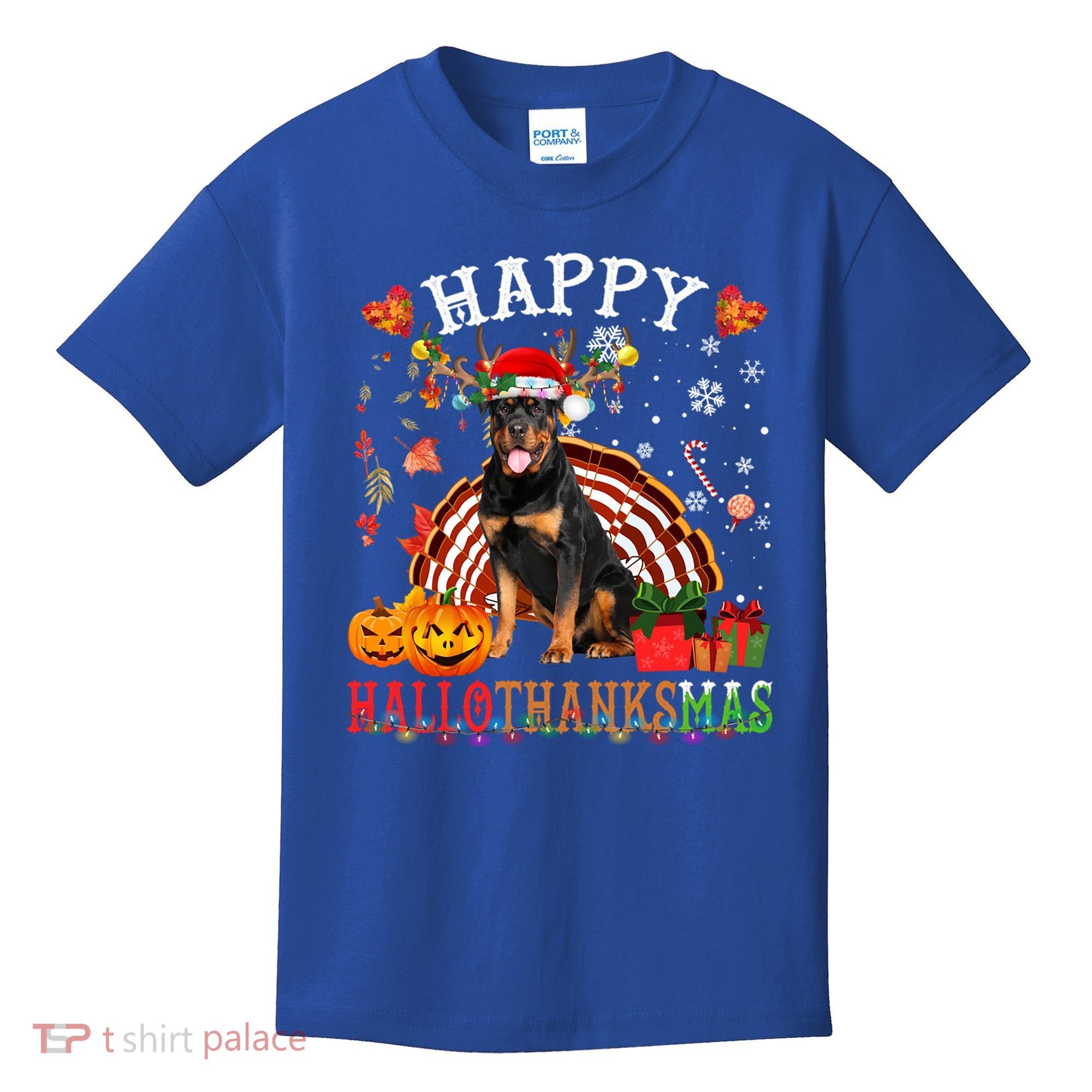Halloween Thanksgiving Christmas Rottweiler Hallothanksmas Gift Kids T-Shirt