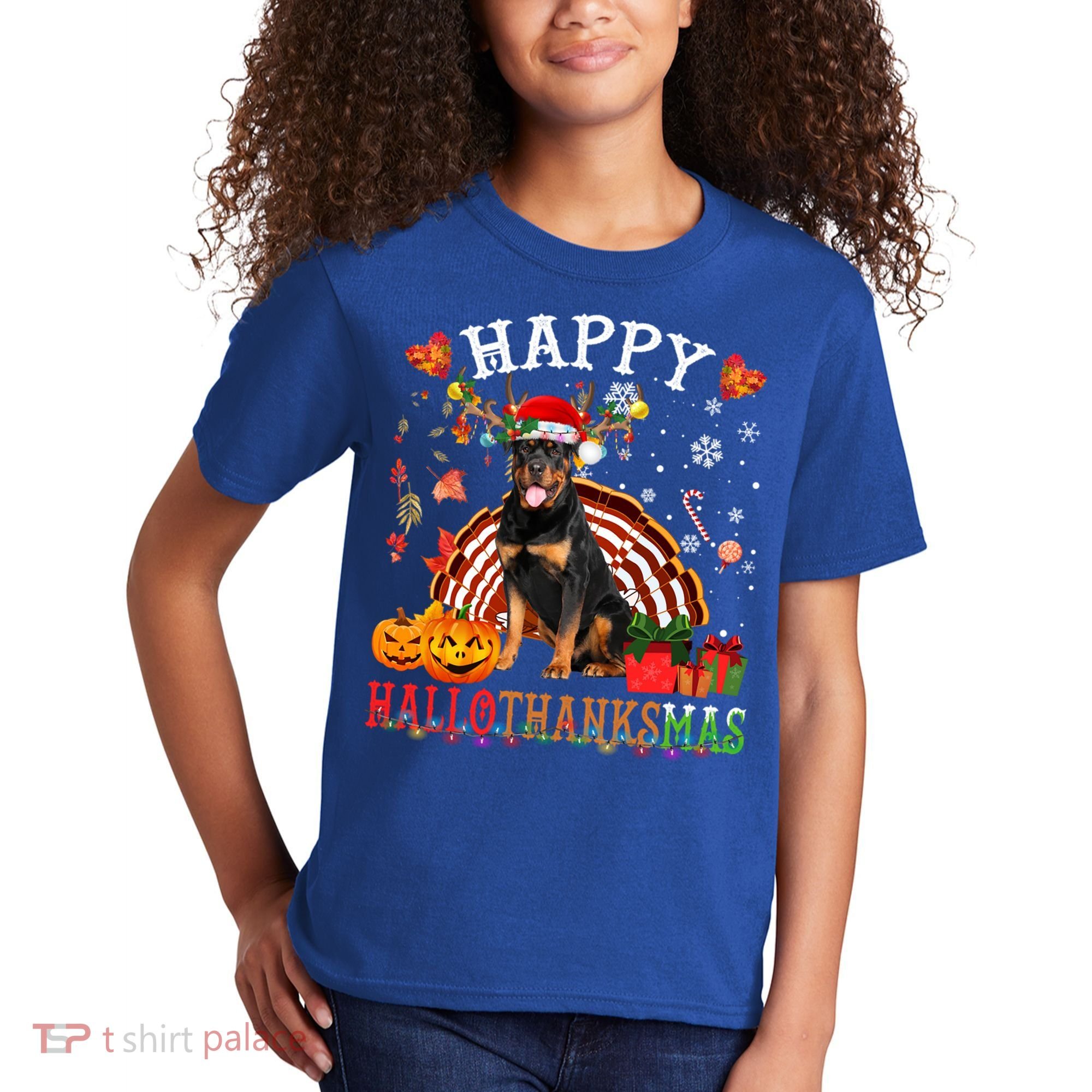 Halloween Thanksgiving Christmas Rottweiler Hallothanksmas Gift Kids T-Shirt