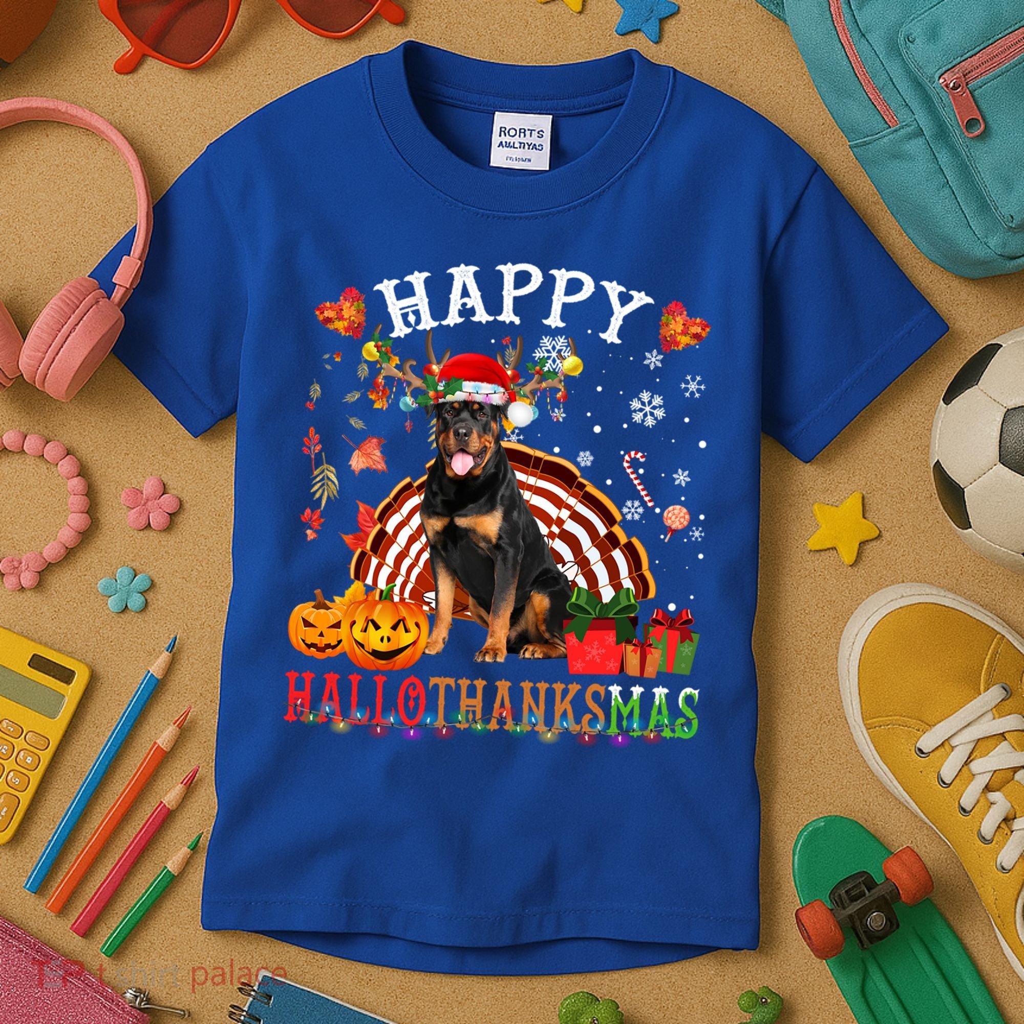 Halloween Thanksgiving Christmas Rottweiler Hallothanksmas Gift Kids T-Shirt