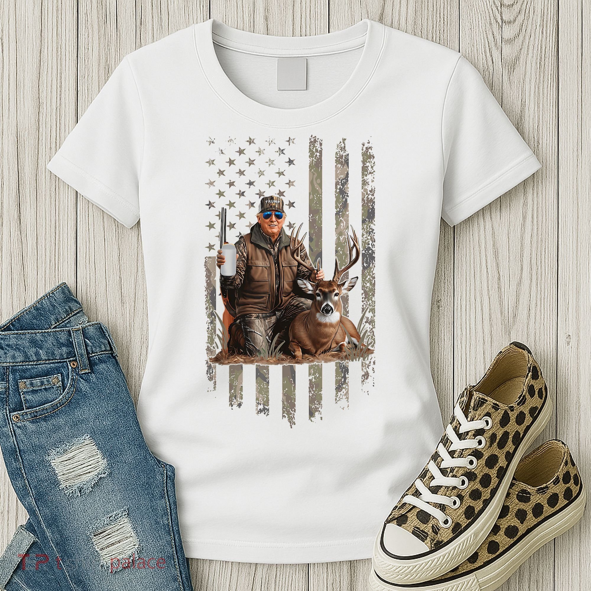 Hunting Trump Camouflage Usa Flag Deer Hunting Season Maga Women's T-Shirt