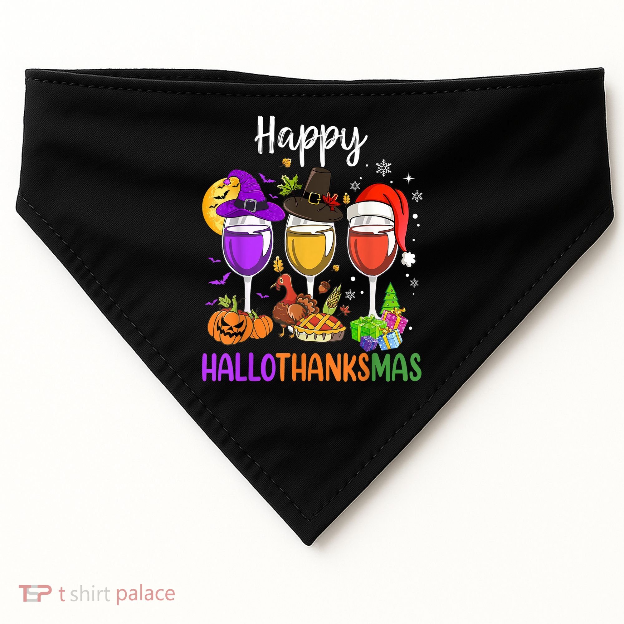 Halloween Thanksgiving Christmas Happy Hallothanksmas Wine USA-Made Doggie Bandana