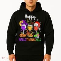 Halloween Thanksgiving Christmas Happy Hallothanksmas Wine Hoodie thumb 2