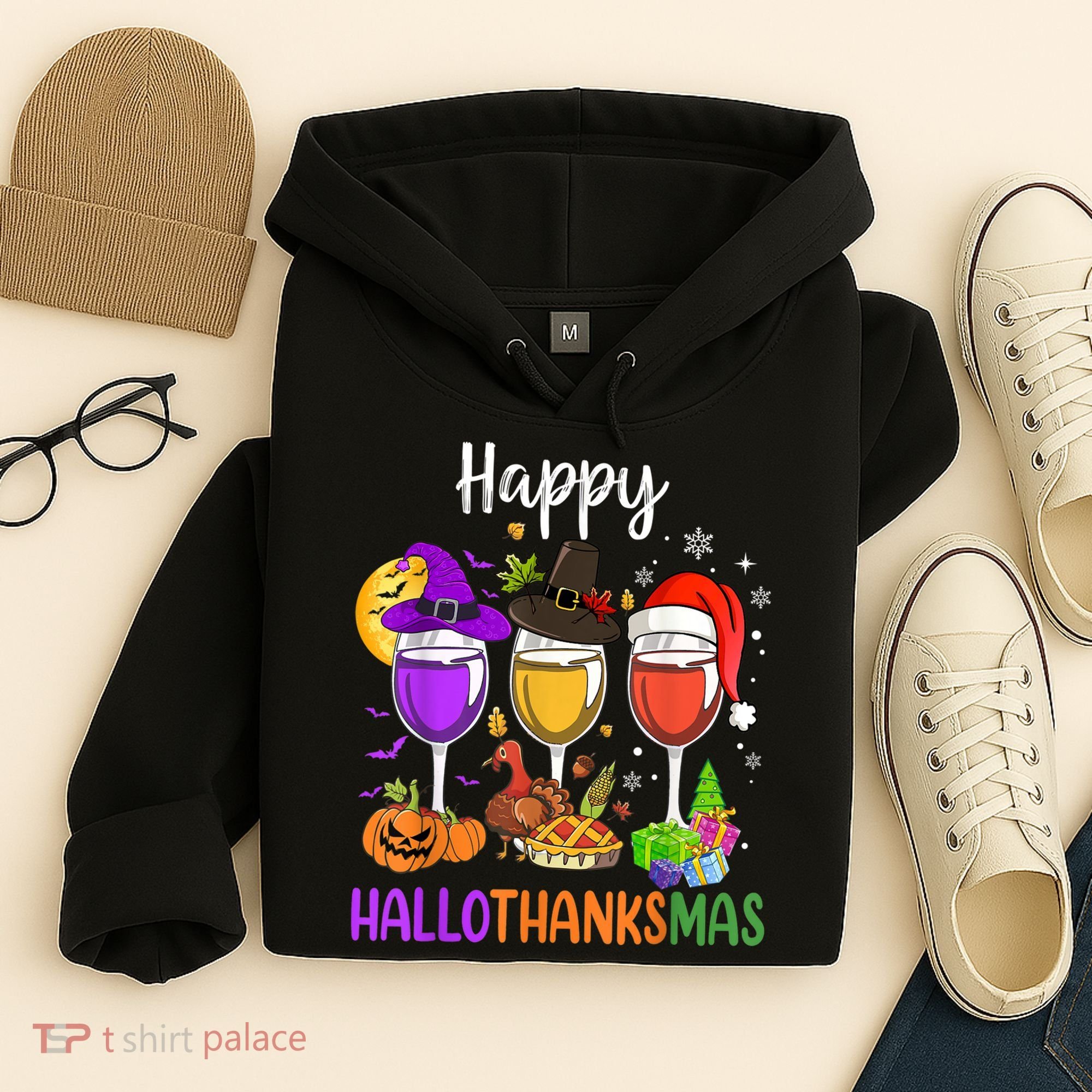 Halloween Thanksgiving Christmas Happy Hallothanksmas Wine Hoodie