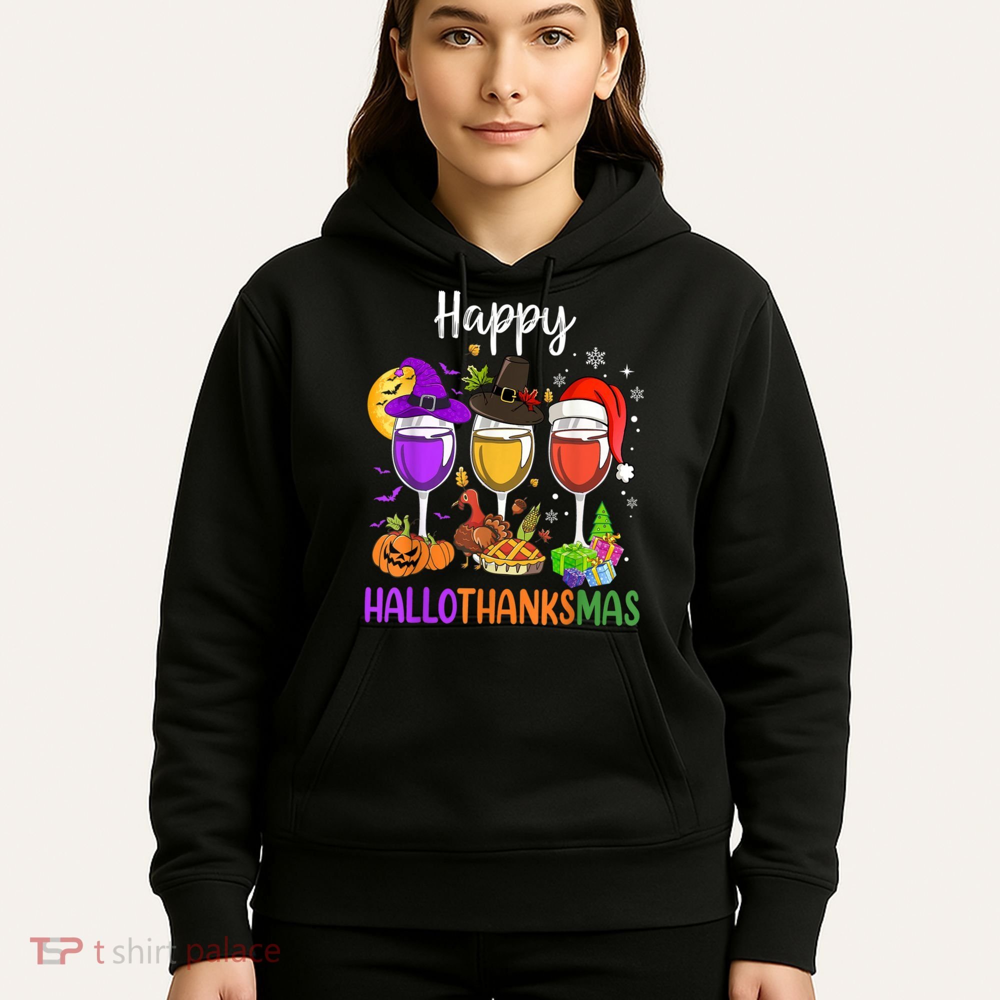 Halloween Thanksgiving Christmas Happy Hallothanksmas Wine Hoodie