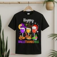Halloween Thanksgiving Christmas Happy Hallothanksmas Wine T-Shirt thumb 2