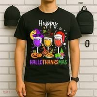 Halloween Thanksgiving Christmas Happy Hallothanksmas Wine T-Shirt thumb 6