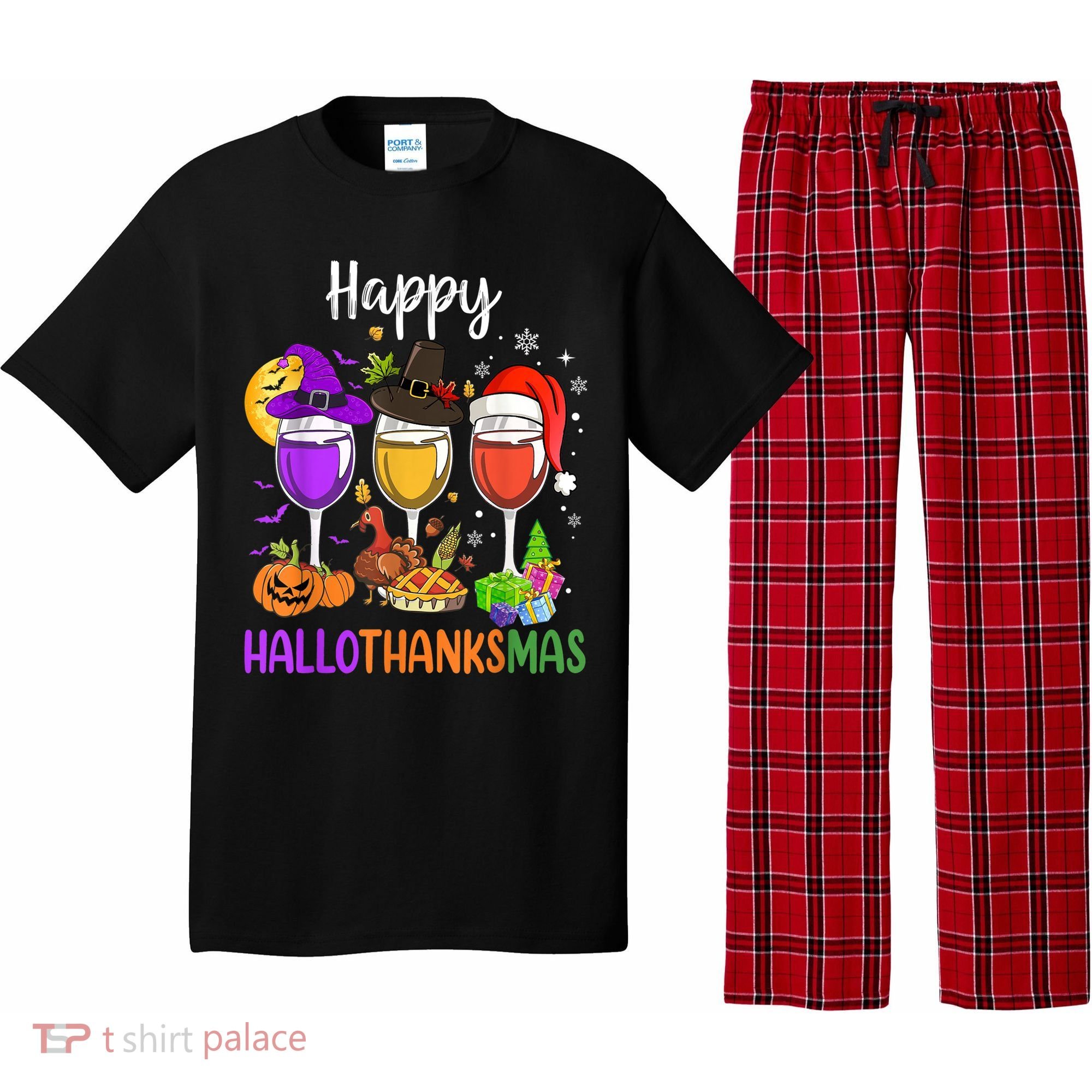 Halloween Thanksgiving Christmas Happy Hallothanksmas Wine Pajama Set