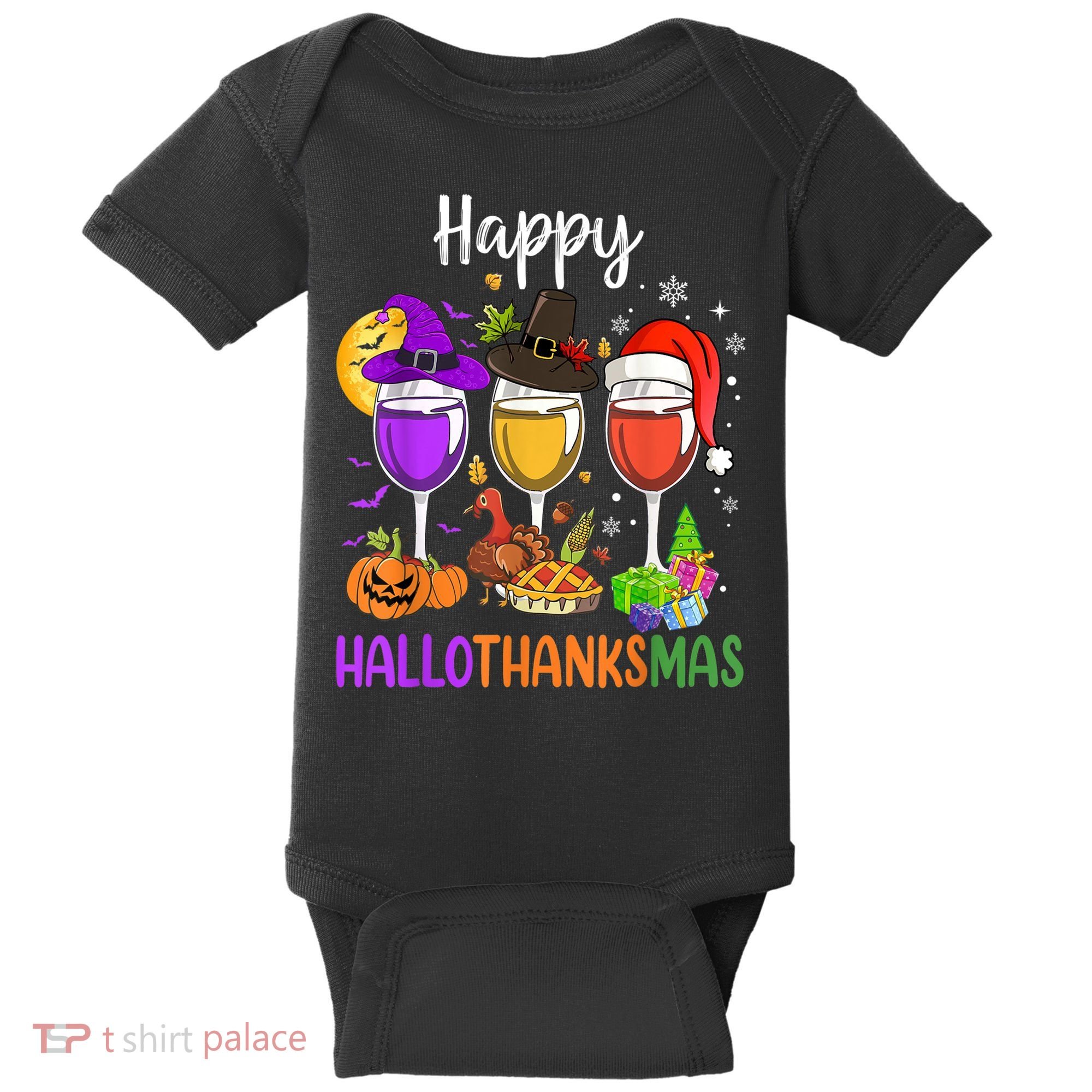 Halloween Thanksgiving Christmas Happy Hallothanksmas Wine Baby Bodysuit