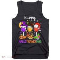 Halloween Thanksgiving Christmas Happy Hallothanksmas Wine Tank Top thumb 0
