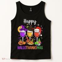 Halloween Thanksgiving Christmas Happy Hallothanksmas Wine Tank Top thumb 2