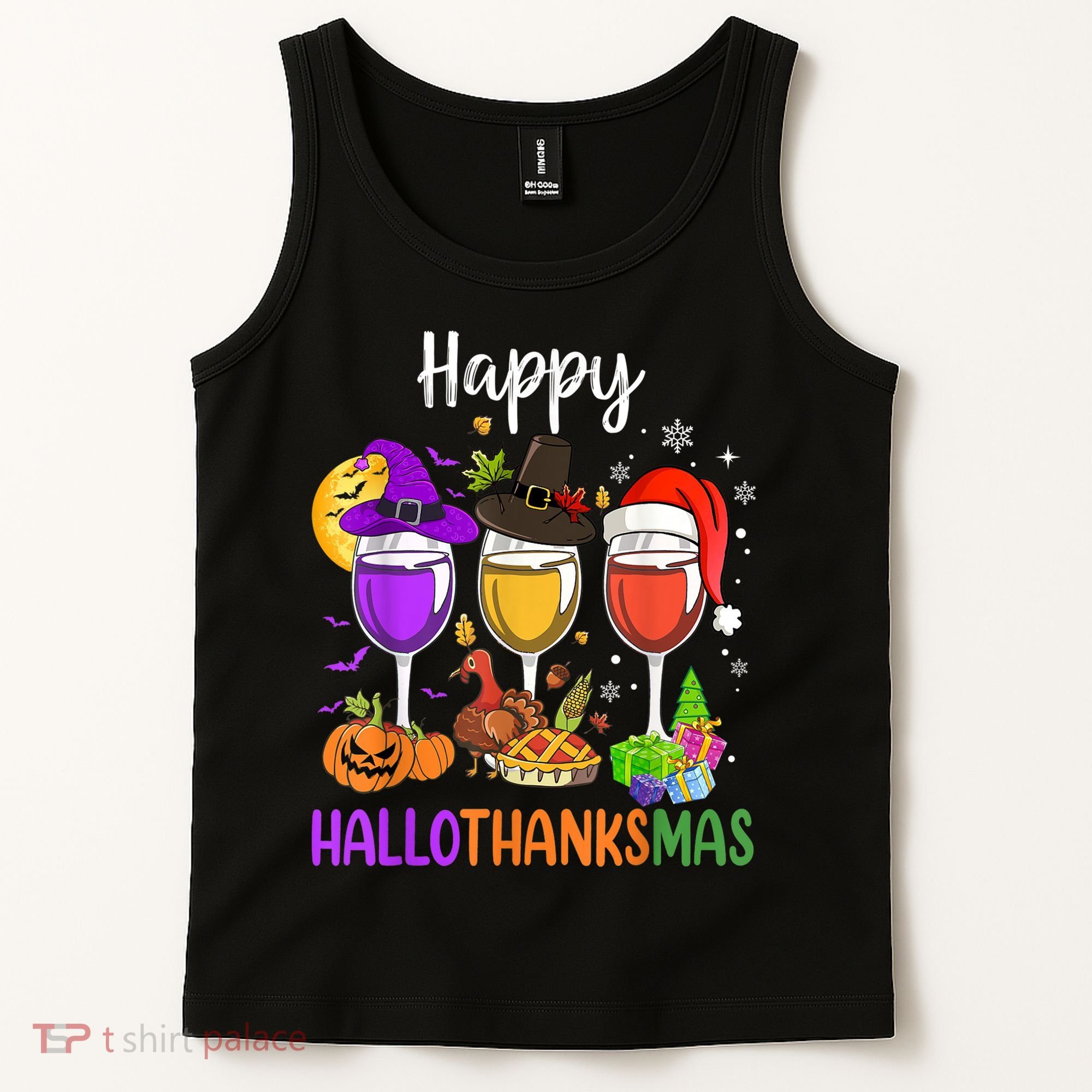 Halloween Thanksgiving Christmas Happy Hallothanksmas Wine Tank Top