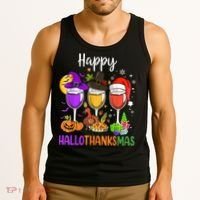 Halloween Thanksgiving Christmas Happy Hallothanksmas Wine Tank Top thumb 3