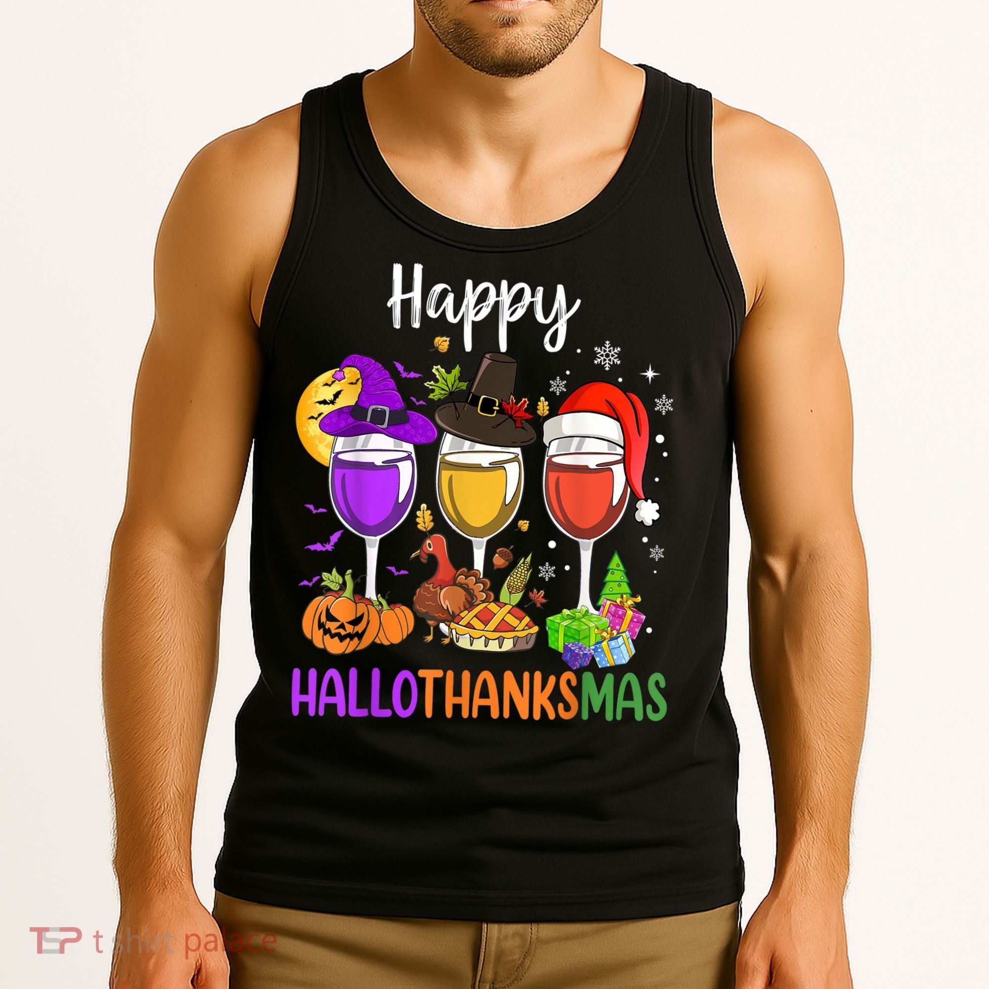Halloween Thanksgiving Christmas Happy Hallothanksmas Wine Tank Top