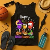 Halloween Thanksgiving Christmas Happy Hallothanksmas Wine Tank Top thumb 4