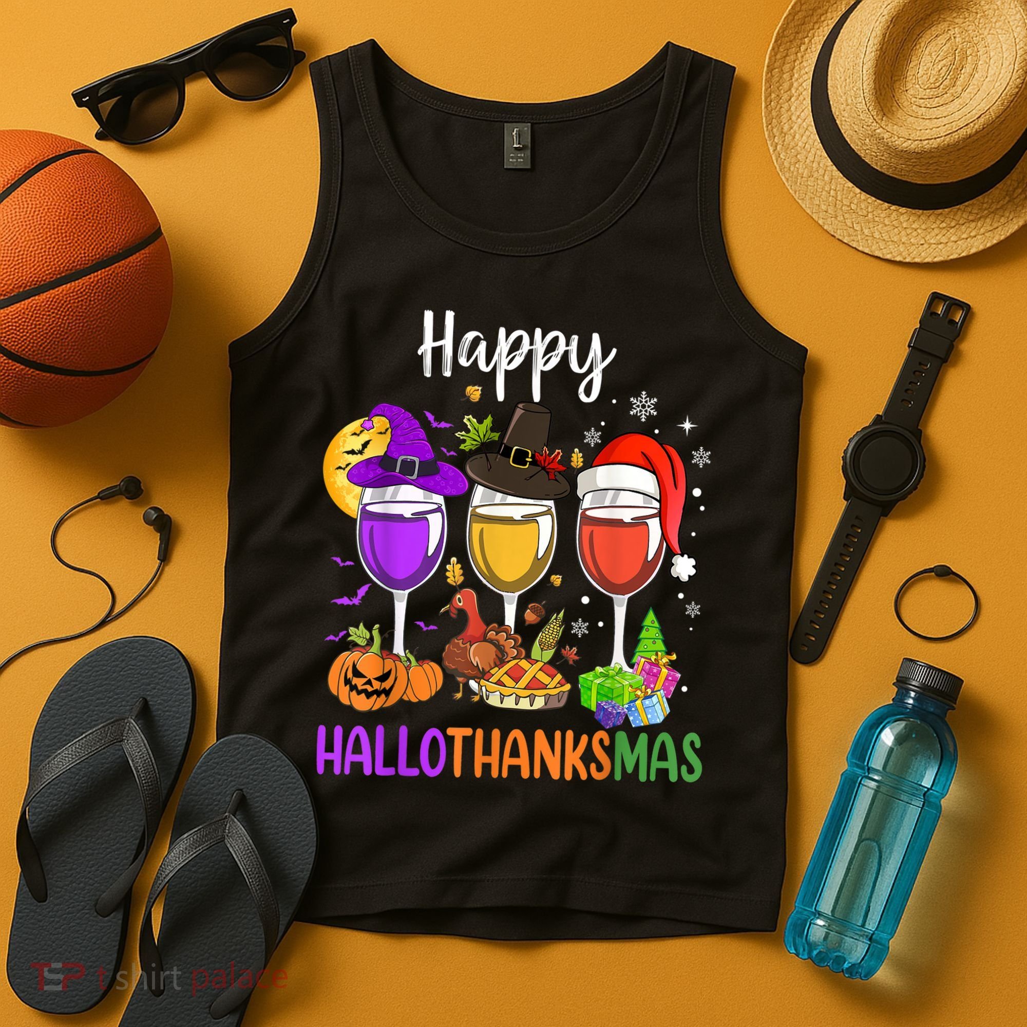 Halloween Thanksgiving Christmas Happy Hallothanksmas Wine Tank Top