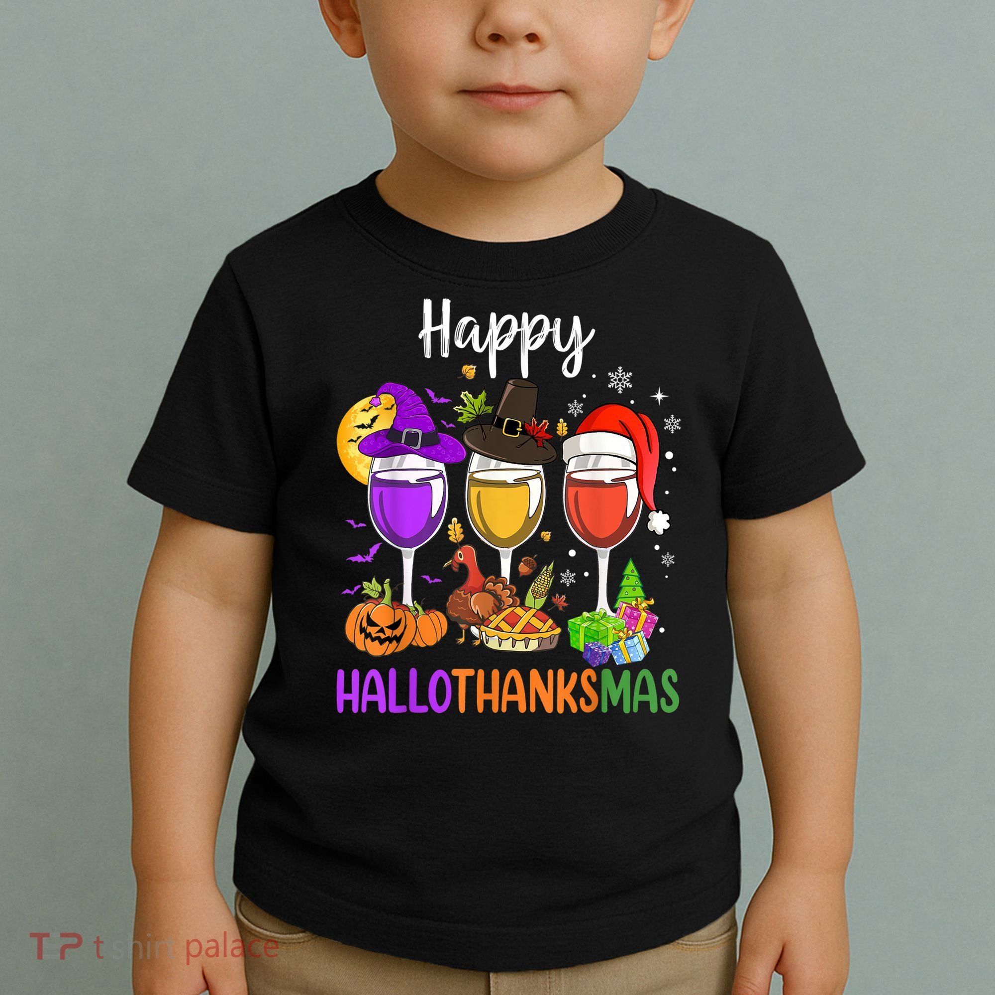 Halloween Thanksgiving Christmas Happy Hallothanksmas Wine Toddler T-Shirt