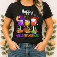 Halloween Thanksgiving Christmas Happy Hallothanksmas Wine Women's T-Shirt thumb 2