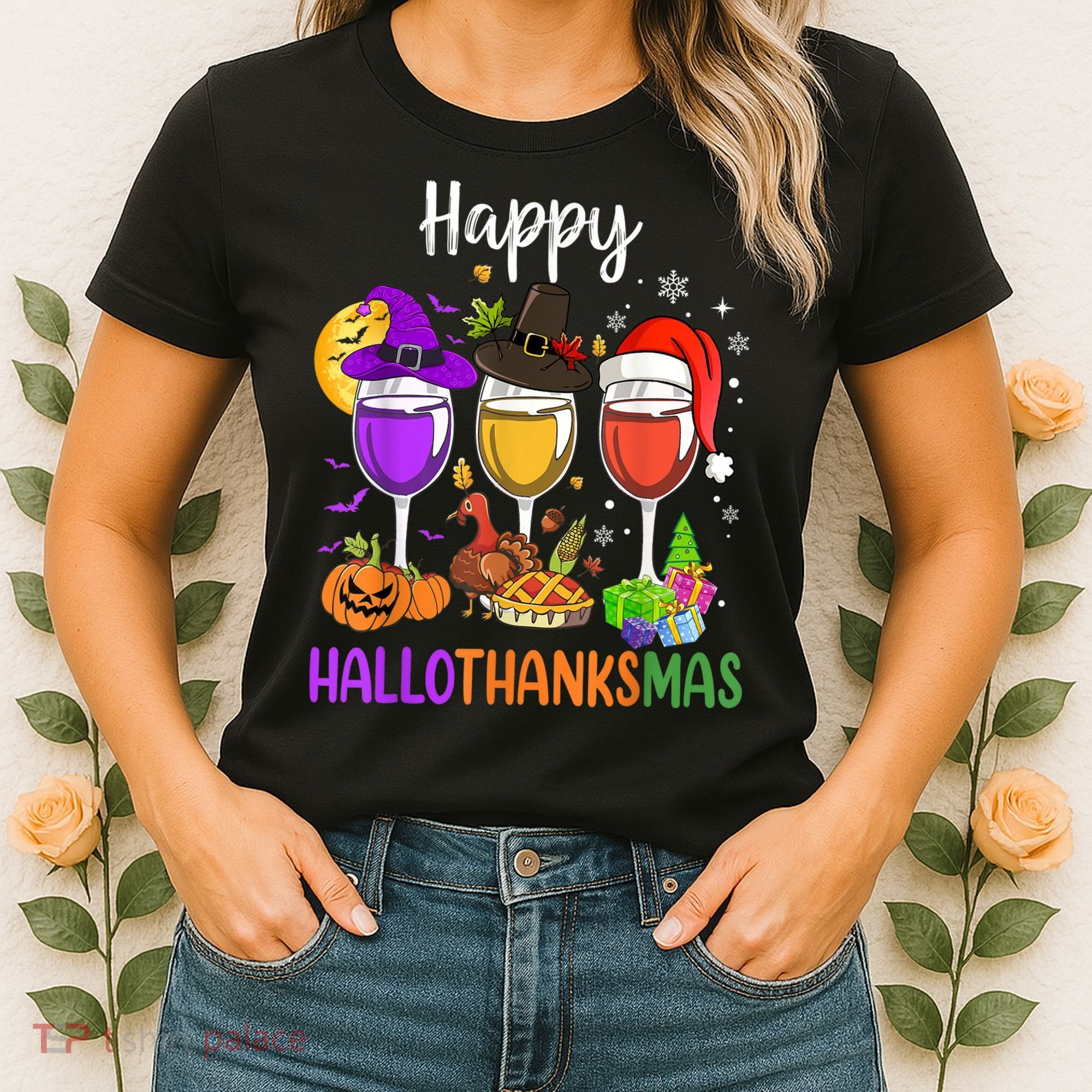 Halloween Thanksgiving Christmas Happy Hallothanksmas Wine Women's T-Shirt