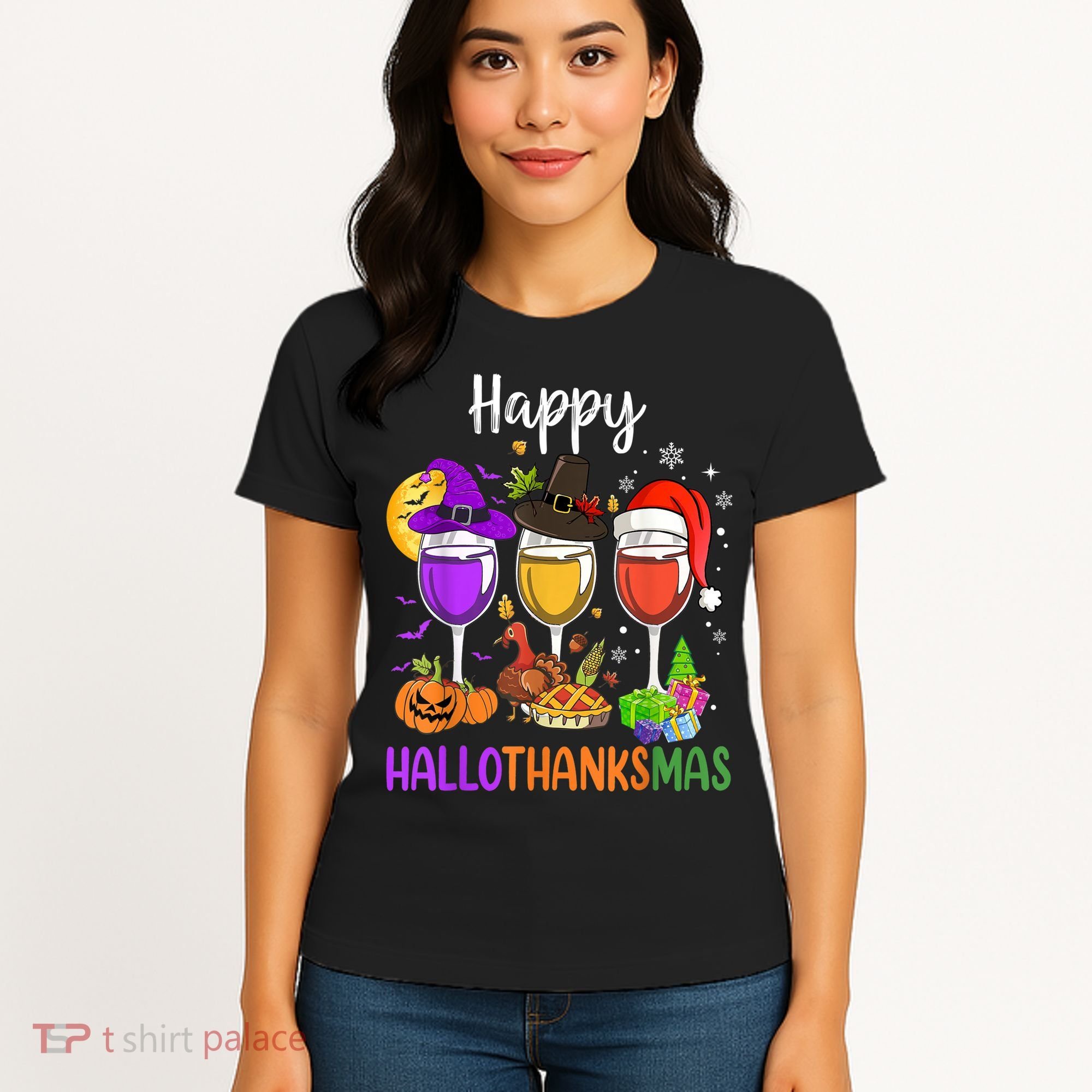 Halloween Thanksgiving Christmas Happy Hallothanksmas Wine Women's T-Shirt