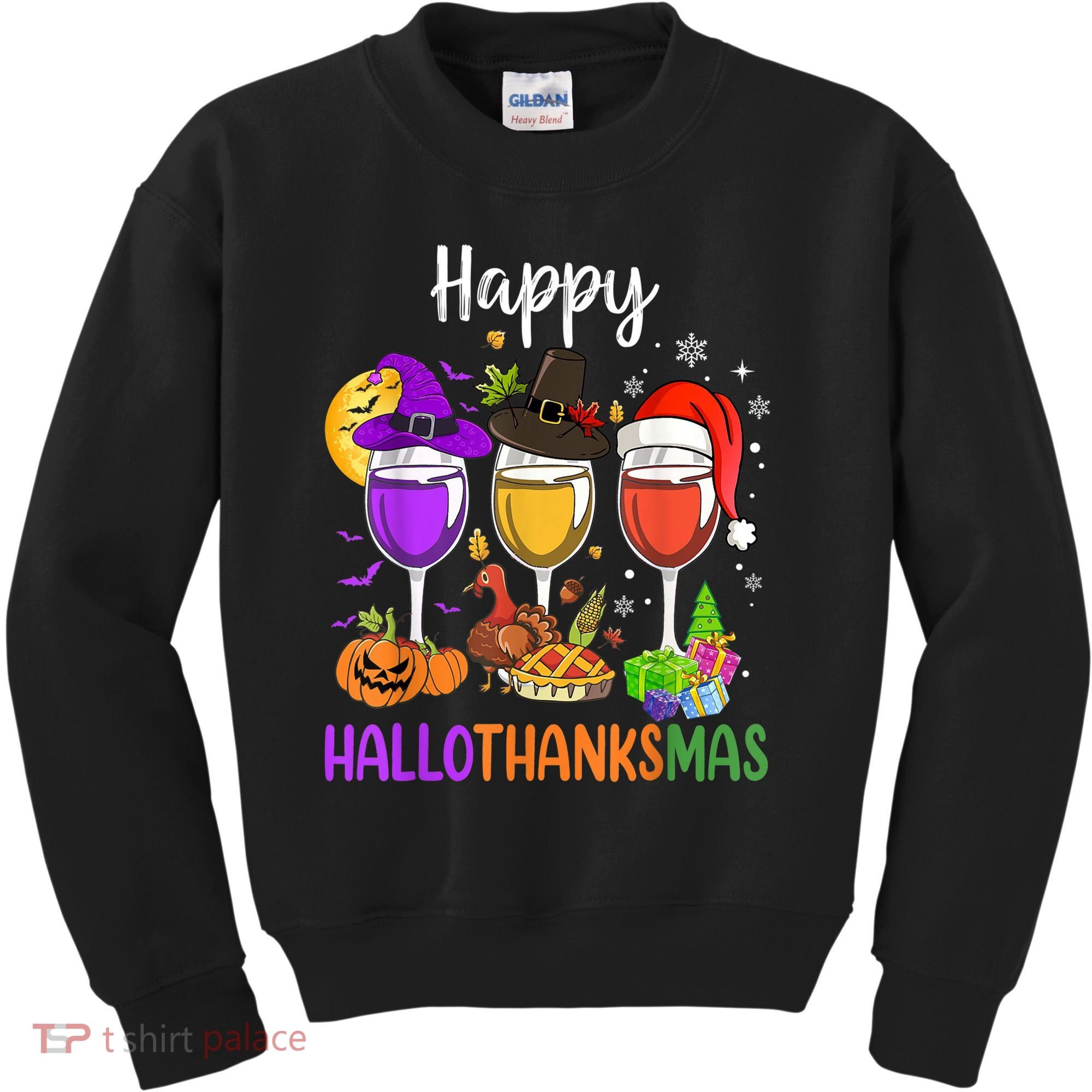 Halloween Thanksgiving Christmas Happy Hallothanksmas Wine Kids Sweatshirt