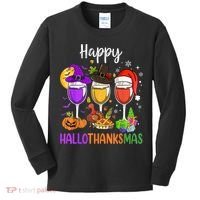 Halloween Thanksgiving Christmas Happy Hallothanksmas Wine Kids Long Sleeve Shirt thumb 0
