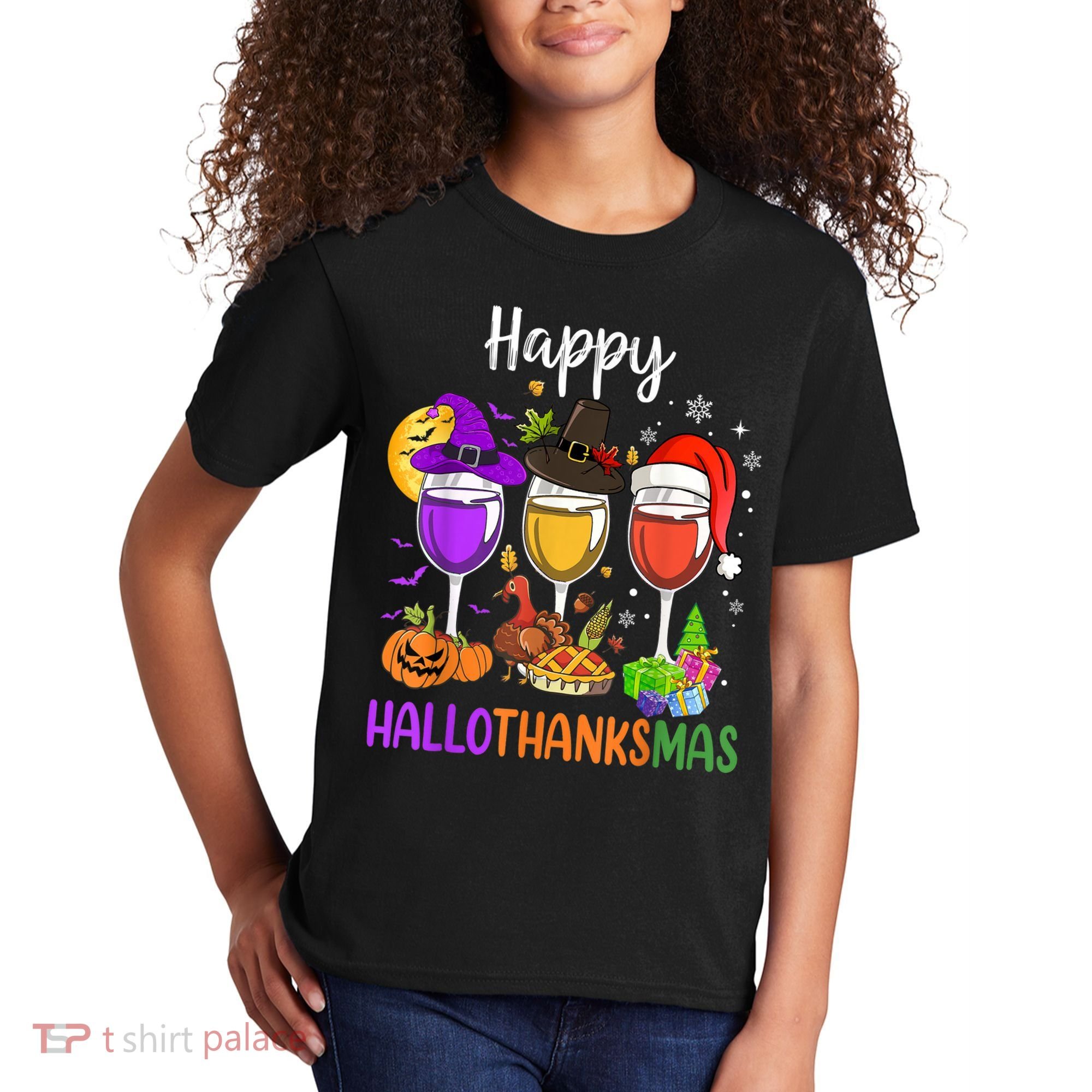 Halloween Thanksgiving Christmas Happy Hallothanksmas Wine Kids T-Shirt