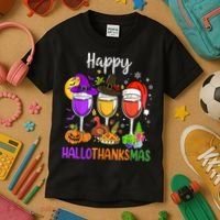 Halloween Thanksgiving Christmas Happy Hallothanksmas Wine Kids T-Shirt thumb 3