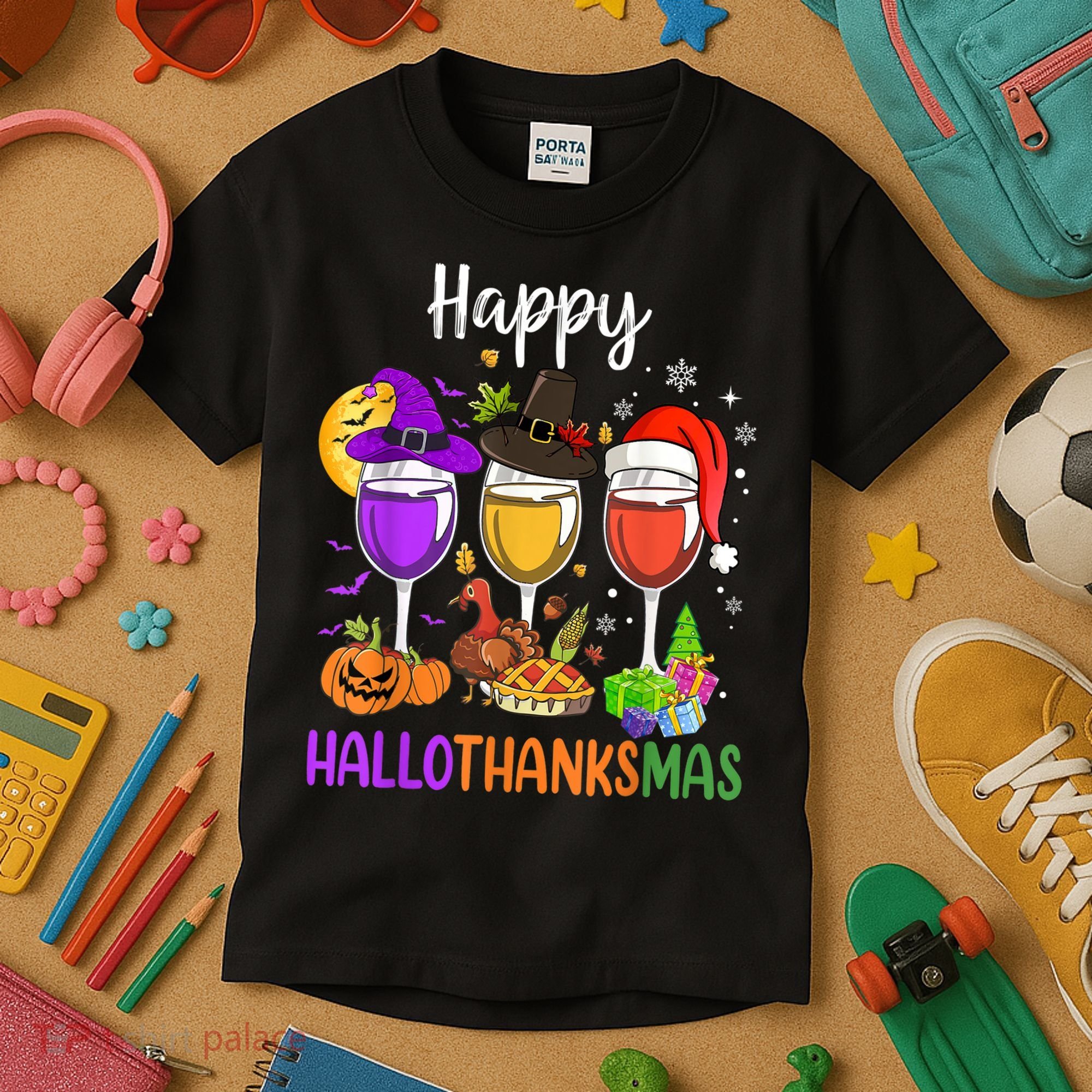Halloween Thanksgiving Christmas Happy Hallothanksmas Wine Kids T-Shirt