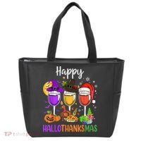 Halloween Thanksgiving Christmas Happy Hallothanksmas Wine Tote Bag thumb 0
