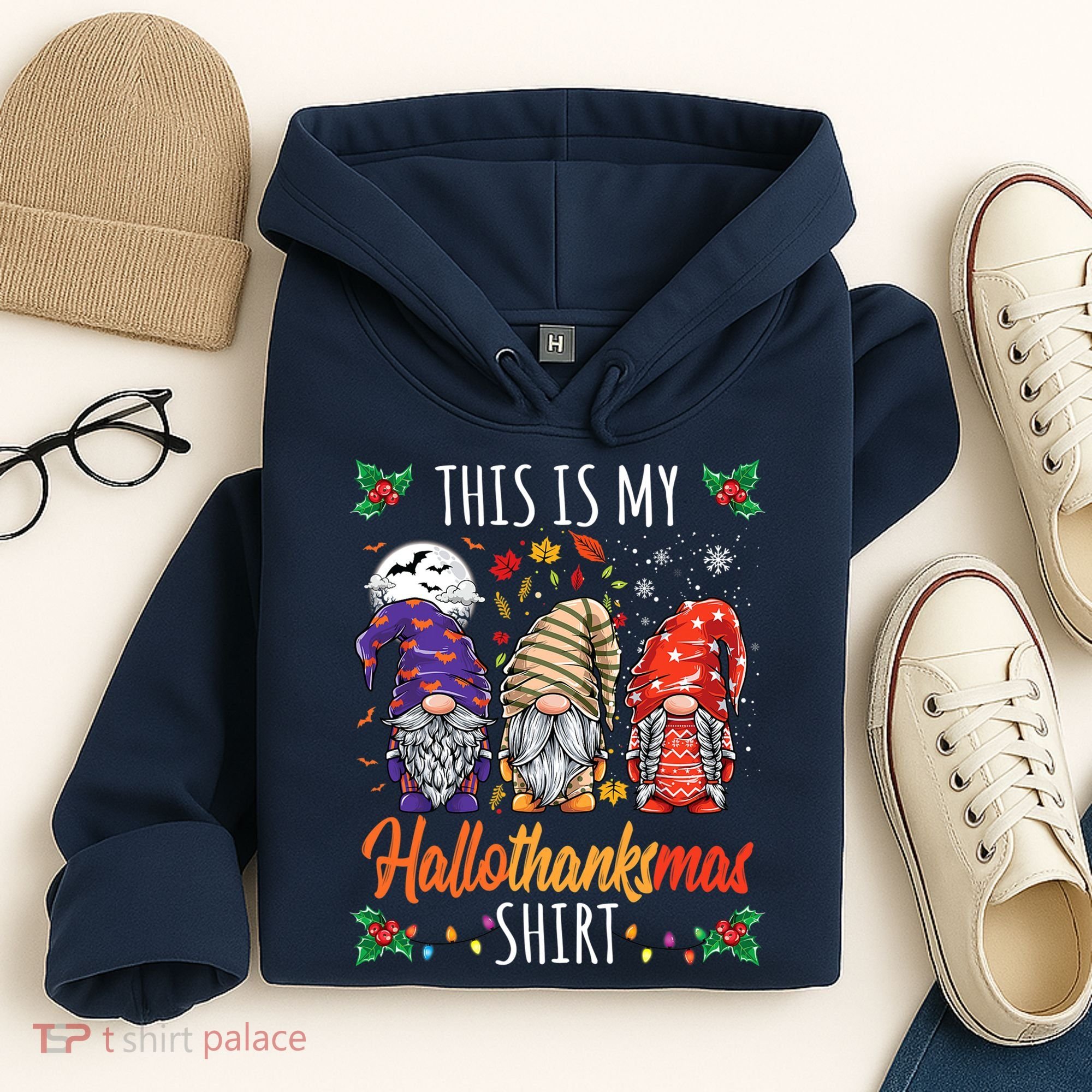 Halloween Thanksgiving Christmas Funny Hallothanksmas Gnomes Hoodie